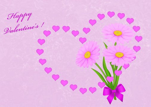 Pink Valentine's Day card background with hearts and daisies