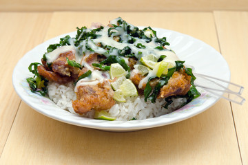 Fried chicken with lemon sauce and herb over rice (famous thai f