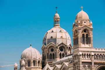 Domes of Cathedral de la Major in Marseille, France. Sunny summe