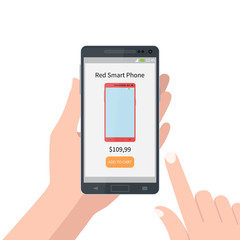 Vector background of online shoping. Vector illustration. Human finger choosing smart phone and add to cart on mobile smartphone device.