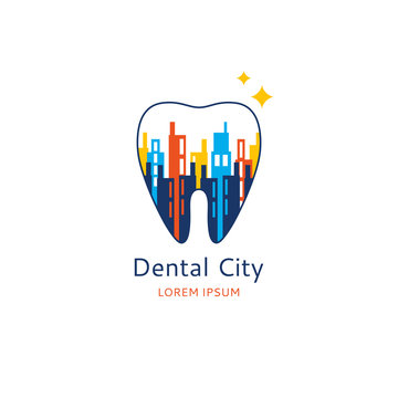 Dental City logo. Vector concept of dental clinic. Template sing of stomatology company in the form of tooth and city.