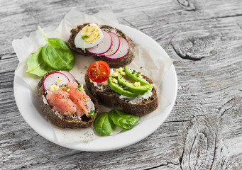Assortment of sandwiches - sandwiches with cheese, radish, cucumber, quail egg, avocado and smoked salmon. Tasty breakfast, snack or appetizer with wine