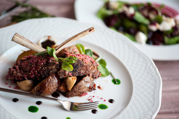 Rack of Lamb with mushrooms and roast potatoes