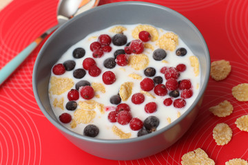 Cereal with milk and berries. Breakfast.