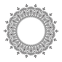 Fototapeta na wymiar Coloring book pages for kids and adults. Hand drawn abstract design. Decorative Indian round lace ornate mandala. Frame or plate design