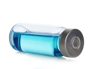 Vial with blue solution isolated on a white background.