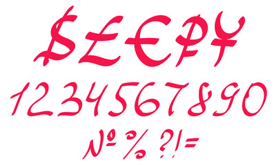 vector red hand drawn numbers and currencies: dollar, pound, euro, rouble, yen, numbers isolated on white