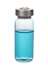 Vial with blue solution isolated on a white background.