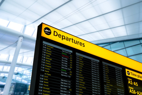 Flight information, arrival, departure at the airport, London, England