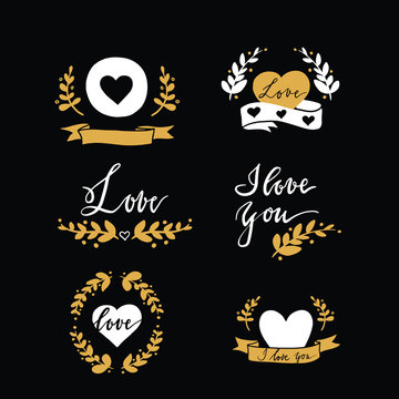 Set of design elements with hearts, ribbins and florals