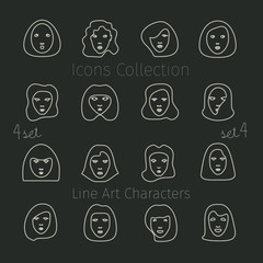 set of stylized line art women avatar icons