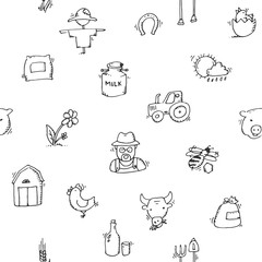 Seamless pattern Hand drawn Farm icon set
