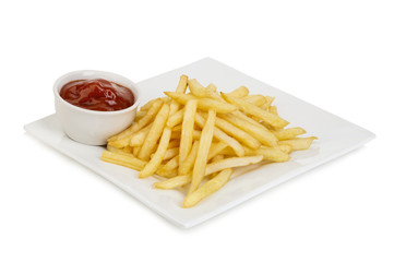 Classical american potatoes fries with ketchup close-up isolated on a white background.