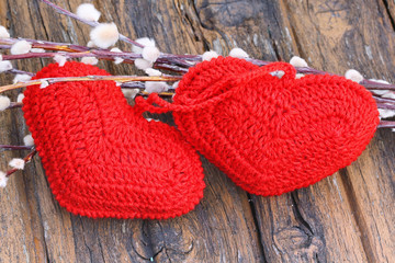 Spring love background couple knitted heart willow Easter Valentine's Day selective soft focus rustic retro style