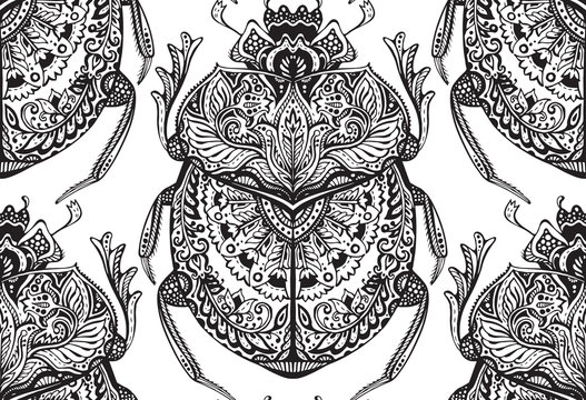 Vector seamless pattern with hand drawn zentangle scarabs