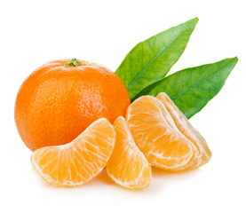 Ripe mandarin with leaves close-up on a white background. Tangerine orange with leaves on a white...