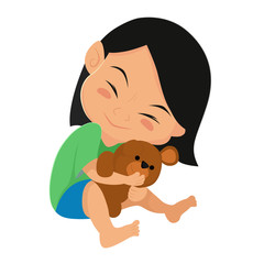 Kid hugs a doll.Vector illustration.