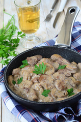 Chicken Liver in Creamy Sauce on Frying Pan