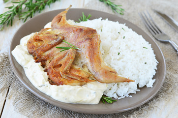 Quail with rice and creamy sauce and rosemary