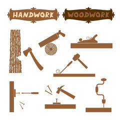 Vector illustration wood work hand tools silhouette set with shown working process and sign boards with words Handwork and Woodwork