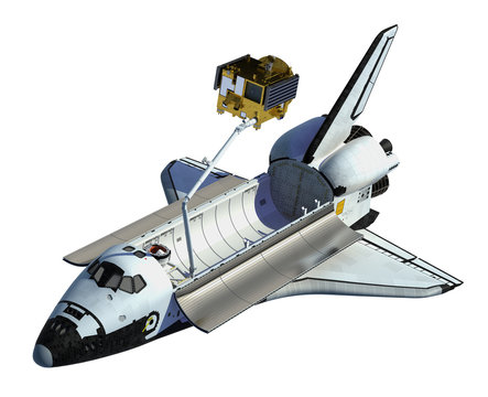 Space Shuttle Deploying Satellite On White Background