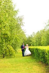 Bride and groom walking  in summer park outdoors