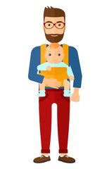 Man holding baby in sling.