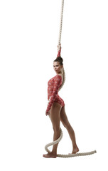 Elegant gymnast holding rope, isolated on white