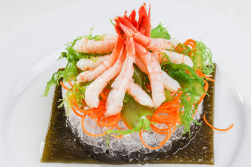 food, sushi, fish, slice, traditional, japanese, tiger, prawn, sashimi, closeup, healthy, gourmet, dinner, seafood, rice, shrimp, fresh, meal, asian, eat, exotic, salad, green, health, sea