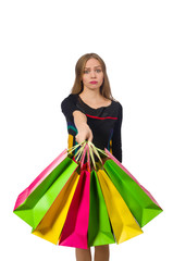 Woman with shopping bags isolated on white