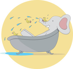 Naklejka premium Illustration of Elephant Taking a Bath With Small Ducks.