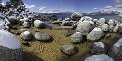 Wintry Sand Harbor in Lake Tahoe, USA.