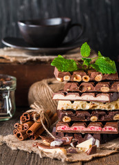 An assortment of white, dark, and milk chocolate