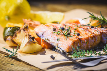 Grilled salmon on a wooden table