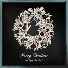 hand drawn vector Christmas wreath stylized greeting card
