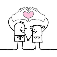cartoon couple making  heart sign with their hands