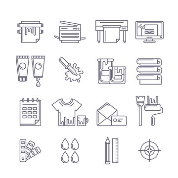 Vector outline printing icons set. Printer, plotter, paints and
