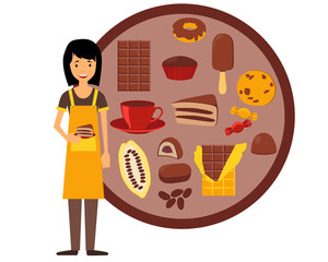 Confectioner holding a plate with cake. Vector illustration