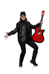 Young guitar player isolated on the white