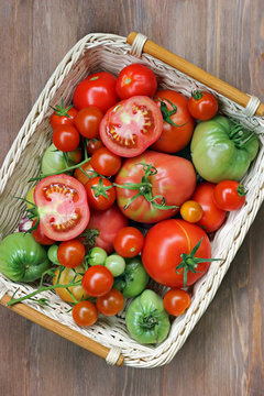 Basket with tomatoes , the top view.