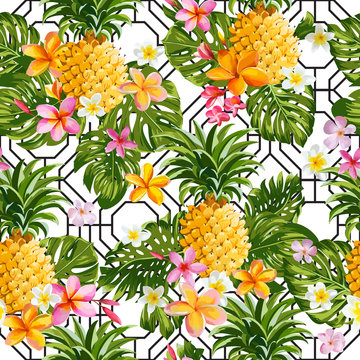 Pineapples and Tropical Flowers Geometry Background - Vintage Seamless Pattern