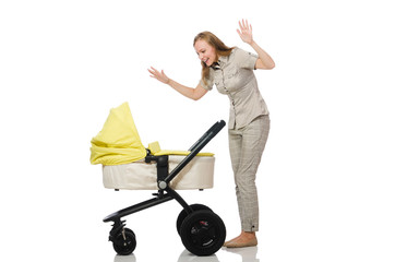 Woman with baby and pram isolated on white