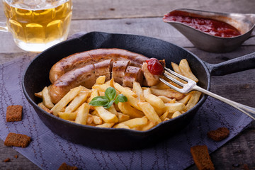 french fries and homemade sausage