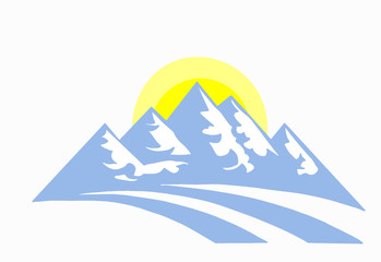 Зимние горы, контурная иллюстрация, спортивная снежная трасса