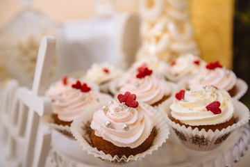 Candy bar. Table with sweet 
candies. Wedding cake