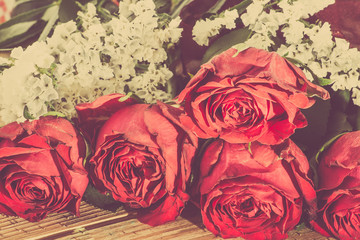 Roses flowers stylized on vintage on wooden backgrounds.