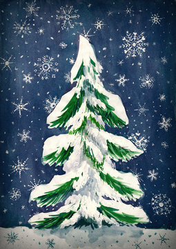 christmas fir tree with snow on dark, watercolor painting on paper