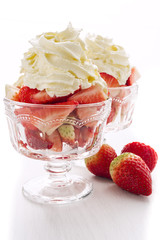 Closeup of dessert with strawberries and cream