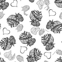 Seamless monochrome pattern with cupcakes with raspberries