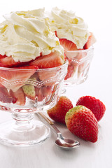 Closeup of dessert with strawberries and cream